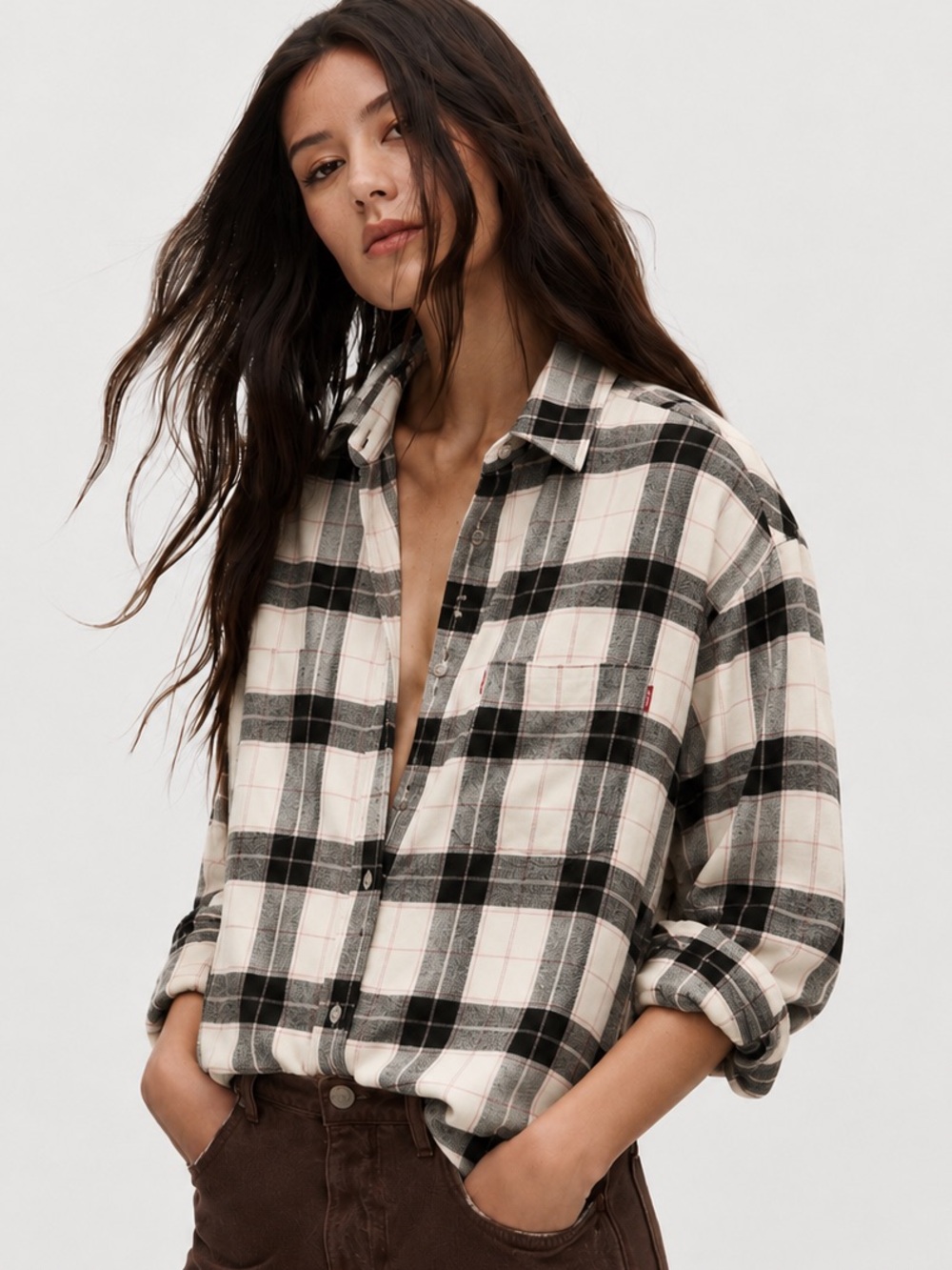 Levi’s Henri Flannel Shirt Medium Leslie Plaid Sandshell Cream Pink Black
